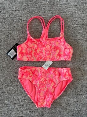 NWT Girls Neon Pink Snake Print Two-Piece Bikini Set Size 10/12